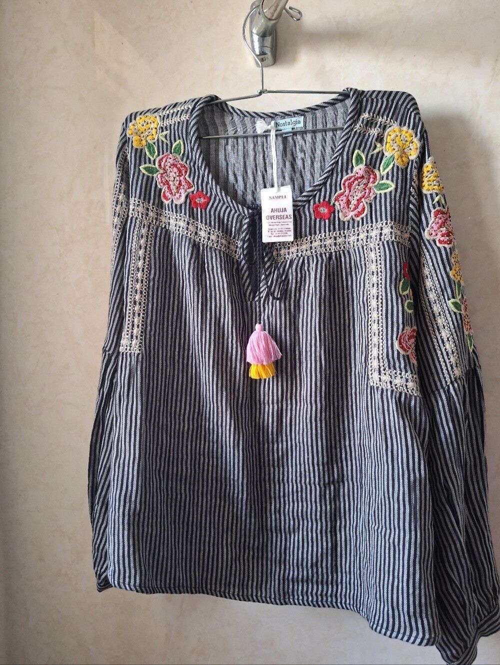 NWT Embroidered Floral Boho Top Stripes Cotton